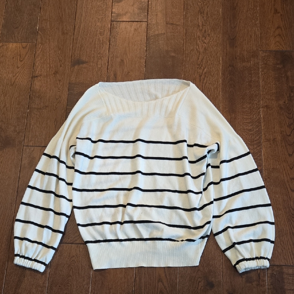 Lucky Brand Boat Neck Sweater - Cream and Black Stripes EUC Womens Small